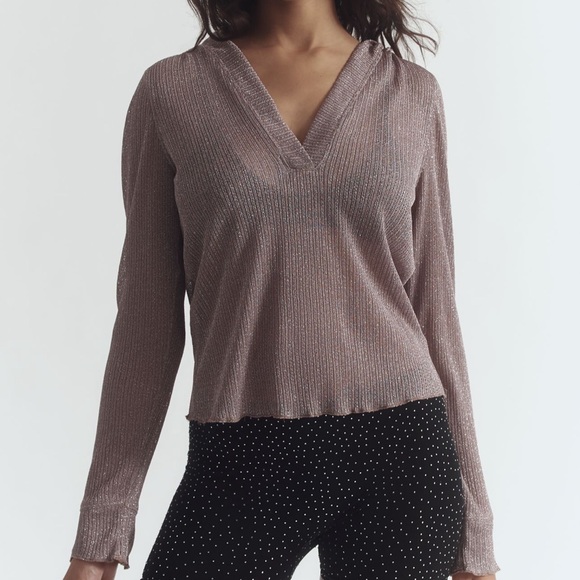 Daily Practice by Anthropologie Sheer Metallic Long-Sleeve Top in Taupe Small - Picture 4 of 11